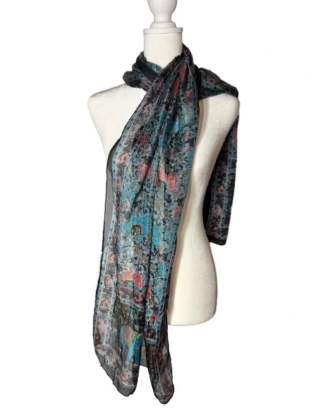 Lightweight 100% Silk Black & Blue Floral & Elephant Sheer Shawl Wrap Scarf